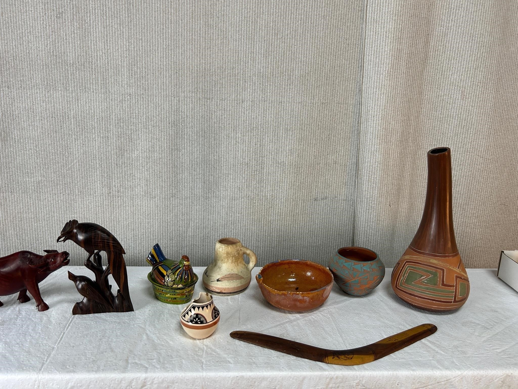 Native Pottery, Wood Carved Animals, Boomerang etc