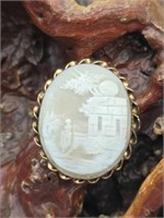 Vintage GP Carved Shell Scenic Brooch