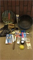 Tin container filled w/ miscellaneous items