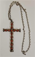 Sterling Silver & Red Cabochon Cross Necklace