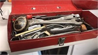 RED METAL TOOLBOX FILLED WITH HAND TOOLS