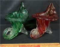 TWO COLORFUL MID CENTURY GLASS TRUMPET VASES