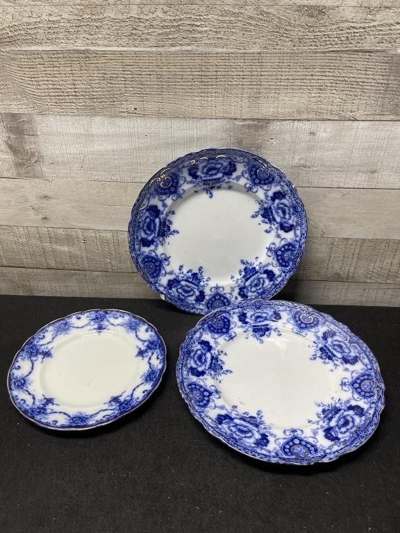 3 Vintage Flow Blue Plates One Has Chips