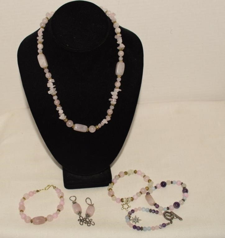Polished Stone Necklace, Earrings & Four Bracelets