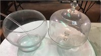 Clear glass punch bowl with ladel and etched cake