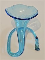 VTG HAND BLOWN BLUE GLASS CORNUCOPIA ART GLASS