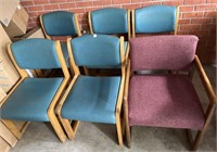 Lot of 6 chairs. 5 green vinyl 31.75” back x 17.5”