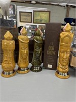 4 large Old Crow Chessmen decanters w/ boxes