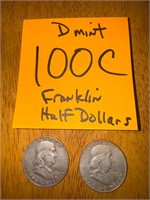 2 Ben Franklin D minted silver half dollars