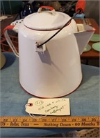 Large old red & white enamelware cowboy coffee pot