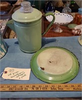 Antique jadite green enamelware coffee pot + plate