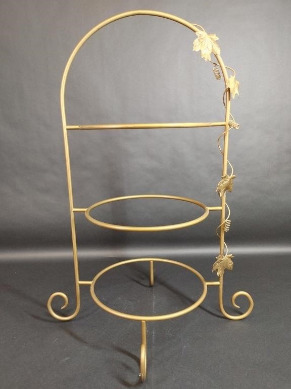 Three Tiered Gold Toned Pie Stand with Flora