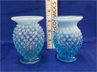 2 3.5" Blue opalescent hobnail vases