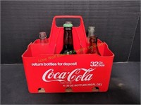 Coca-Cola 32oz Plastic Caddy & 5 Vintage Bottles