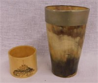 Vintage horn drinking cup w/ metal band, 4.75" -