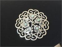 Large Silver & Turquoise Floral Brooch Mexico