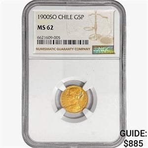 1900SO Chile 5 Pesos .0883oz. Gold NGC MS62
