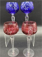 (4) Bohemia Cobalt & Ruby Cut to Clear Wine Hocks