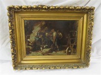 ORNATE FRAMED OIL ON BOARD-WORKERS