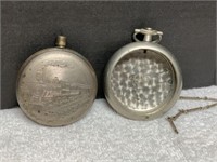 TWO VINTAGE POCKET WATCH CASES ONE WITH TRAIN ON