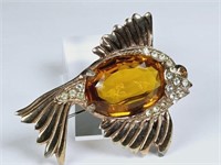 Vintage Faceted Citrine Glass Fish Brooch