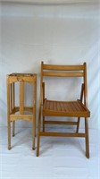 WOODEN FOLD UP CHAIR AND WOODEN PLANT STAND
