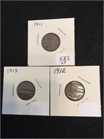 Lot of 3 Wheat Penny's 1911 1912 1913