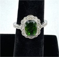 925 Silver Green Diopside and CZ Ring