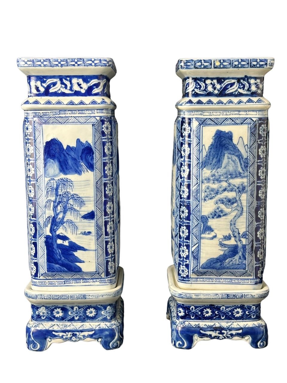 Pair of Blue & White Chinoiserie Vases w/ Bases