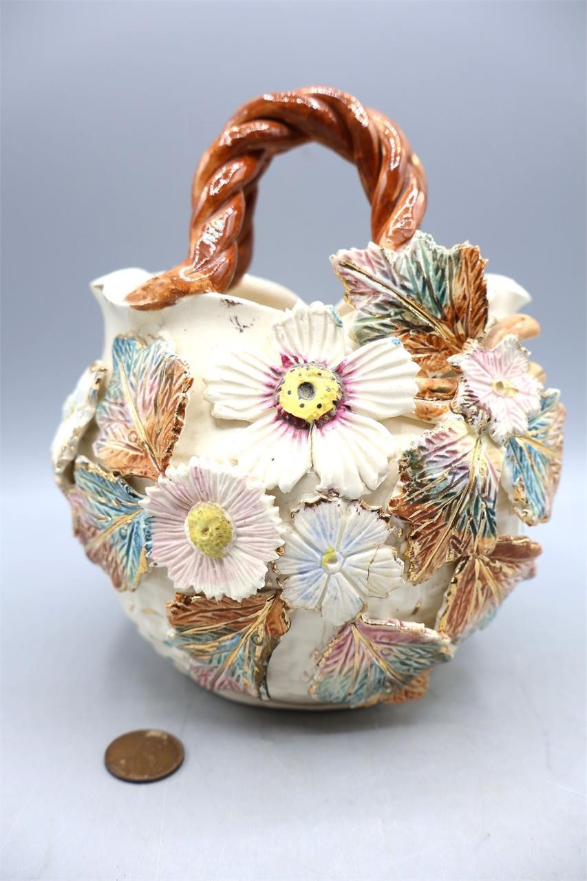 Antique English Majolica-Style Porc. Flowers Vase