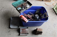 BLUE TUB OF MISC. HAND TOOLS,  CHICKEN FEEDER,