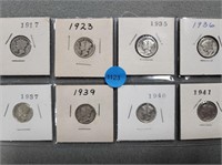 8 Mercury dimes; 1917-1941.  Buyer must confirm al