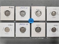 8 Roosevelt dimes; 1950-1953d.  Buyer must confirm