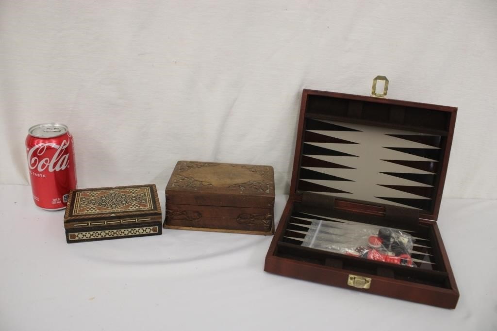 2 Hand Carved Boxes & Inlay Backgammon Game