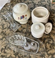 Candlestick, coffee pot parts, glassware