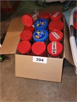 BOX OF PLASTIC STORAGE JARS W/ LIDS