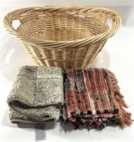 Big Woven Wooden Basket & (2) Rugs / Floor Mats