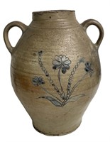 NY OVOID CROCK WITH INCISED FLOWERS ON BOTH SIDES