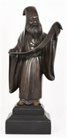 Japanese Bronze on Wood of Old Man w/ Scroll.