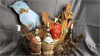 Wire basket of bottles, woven art, shoe