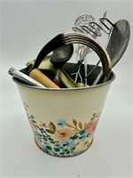 Vtg. Kitchen Utensils in Tin Pail