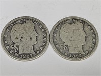 2 Silver 1897 Barber Quarter Coins