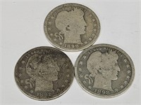 3 Silver 1898 Barber Quarter Coins