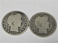 2 Silver 1898 Barber Quarter Coins