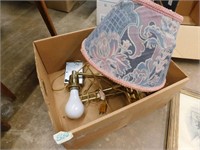BOX OF SHADES AND BRASS SWINGARM LAMPS