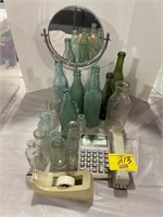 GROUP OF ANTIQUE BOTTLES, MAKEUP MIRROR, OFFICE