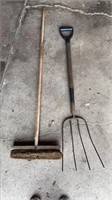 Pitchfork and soft bristle push broom