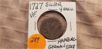 1727 Silver 4 Schilling Hamburg German State VF