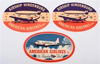 3 AMERICAN AIRLINES & HINDENBURG LUGGAGE STICKERS