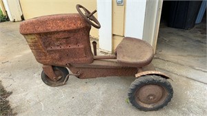 Antique metal farm tractor pedal car, with 3